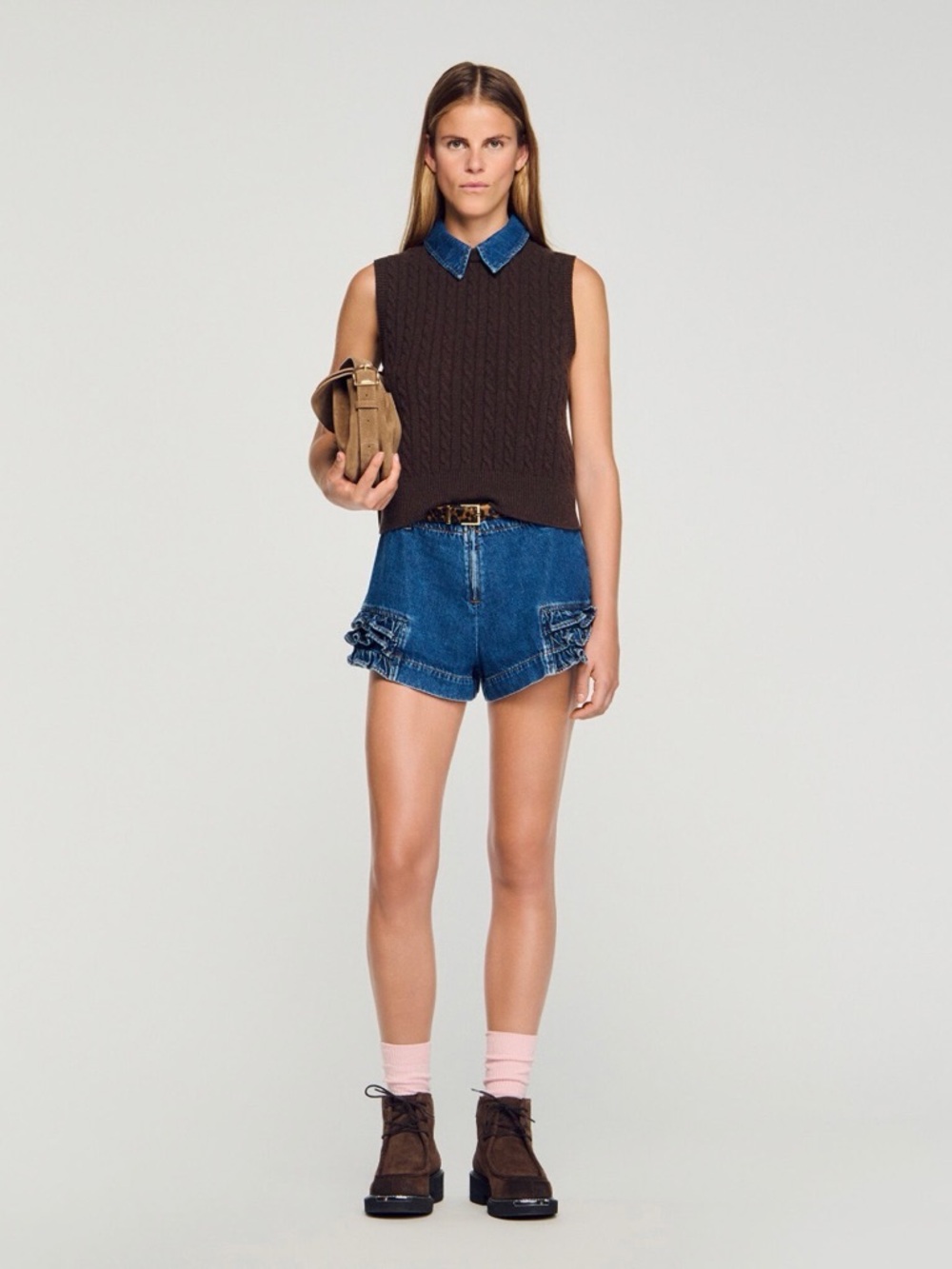 Sandro Brown Cable-Knit Sleeveless Sweater with Blue Collar